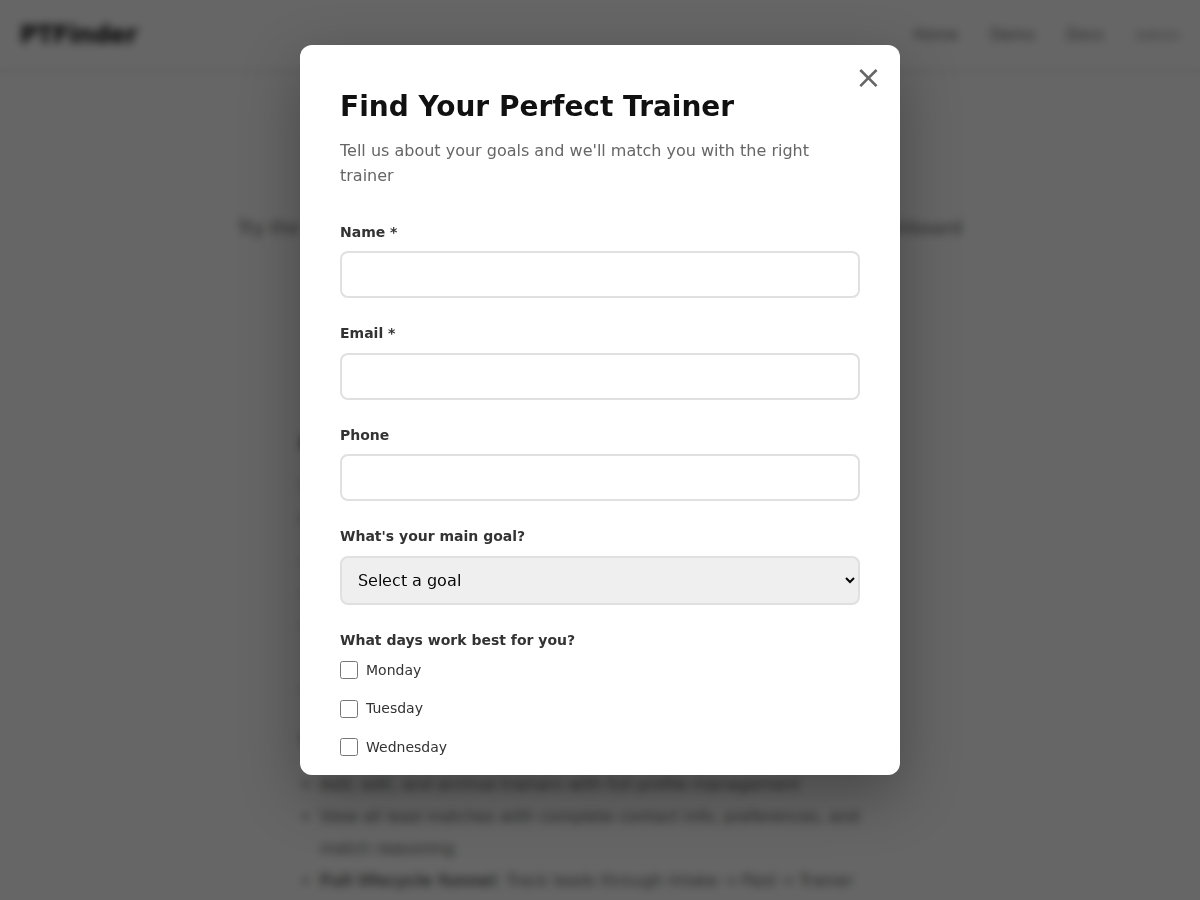 PTFinder widget demonstration showing the complete flow from button click to trainer match